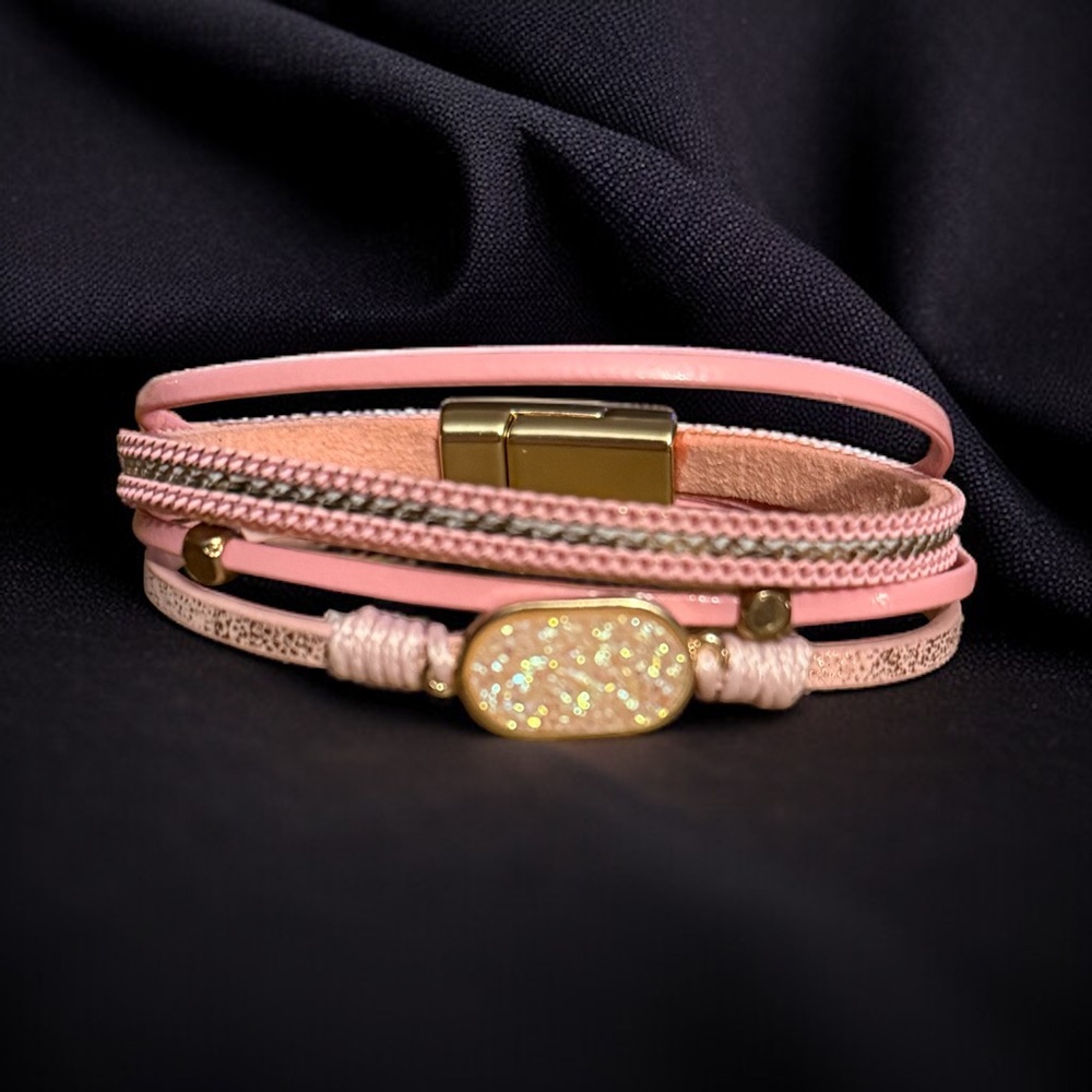 Multi strand pink leather iridescent druzy bracelet